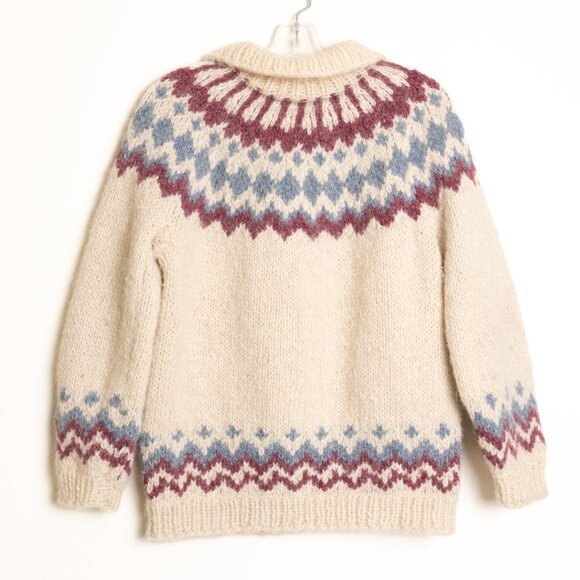 Vintage Fair Isle Sweater Wool Handknitted Nordic Full Zip Cream Blue Purple - Picture 2 of 13